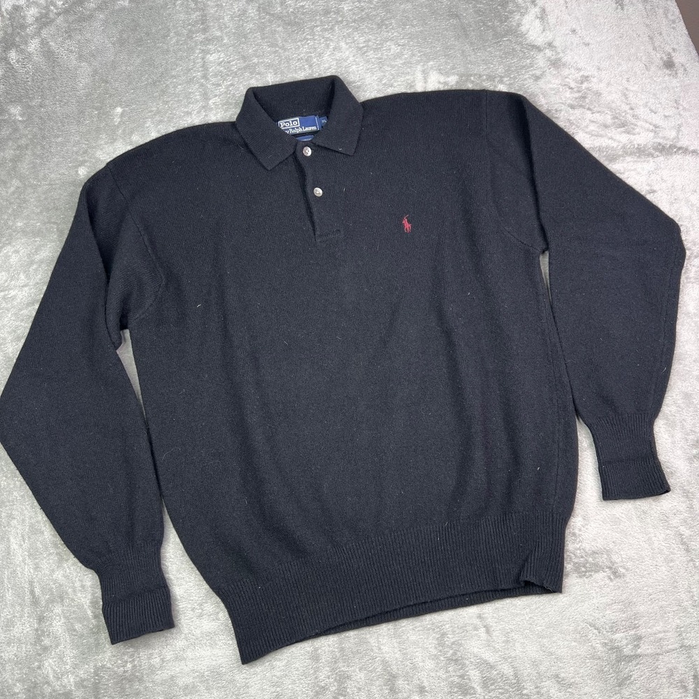 VTG Polo Ralph Lauren Sweater Mens XL Black 100% Lambs Wool Collared Long Sleeve